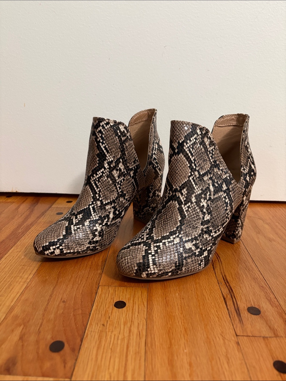 Lane Bryant Snake-Print Cutout Ankle Boots in Taupe and Black